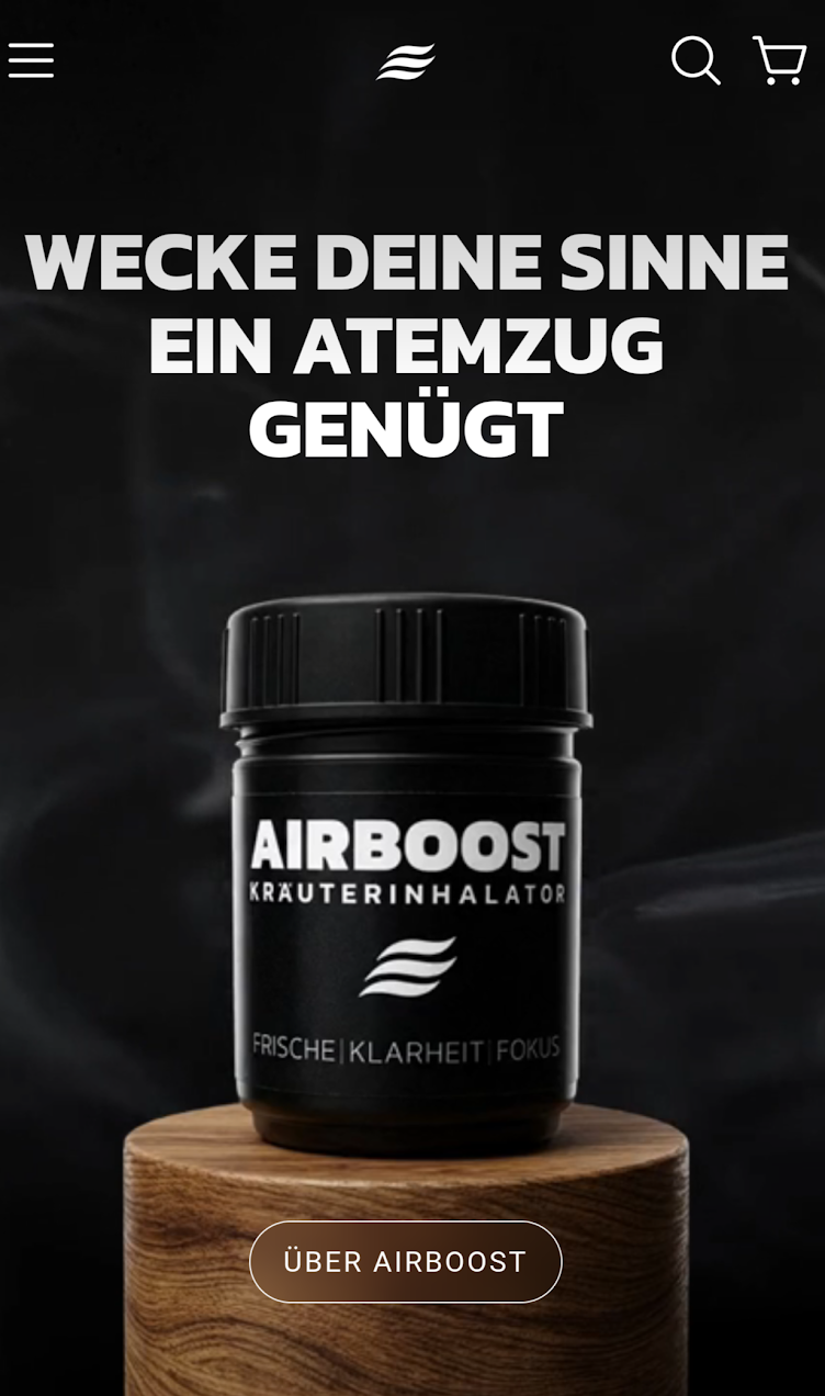 Startseite des AIRBOOST Onlineshops auf einem Smartphone mit dem Kräuterinhalator