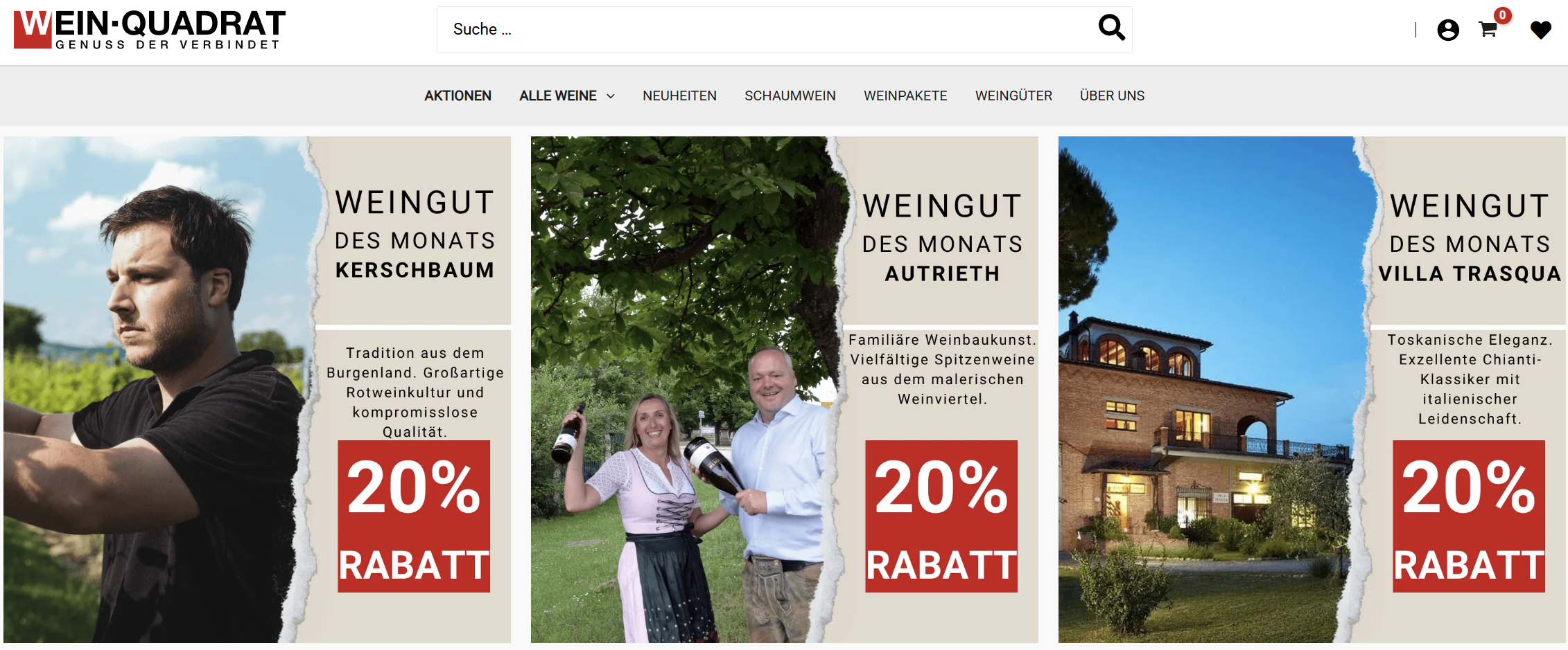 Startseite des Onlineshops WEIN-QUADRAT mit dem Format Weingut des Monats